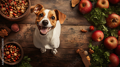 A dog is standing in front of a table with bowls of food and apples