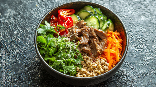 A bowl of food with a variety of vegetables and meat