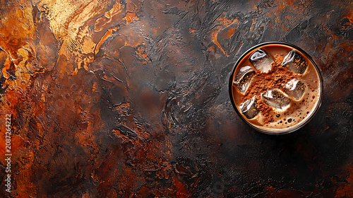 A cup of hot chocolate with ice cubes in it sits on a dark background