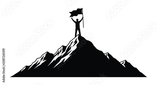 фотографія Mountain silhouette with person holding flag black on white background