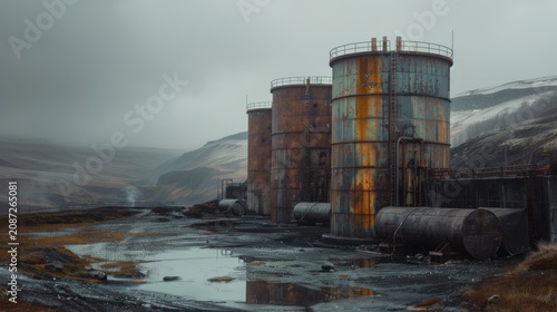 Abandoned industrial tanks in foggy valley Canon EOS R5