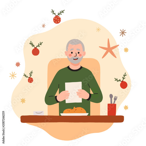 Elderly man sitting at table holding letter and smiling during holidays. Elderly set  