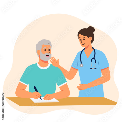 Senior man consulting with nurse and writing on clipboard indoors. Elderly set  