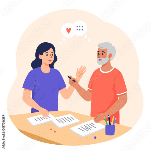 Young woman discussing documents with elderly man at table. Elderly set  