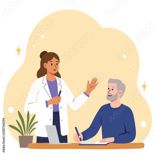 Female doctor explaining treatment to elderly male patient in clinic. Elderly set  