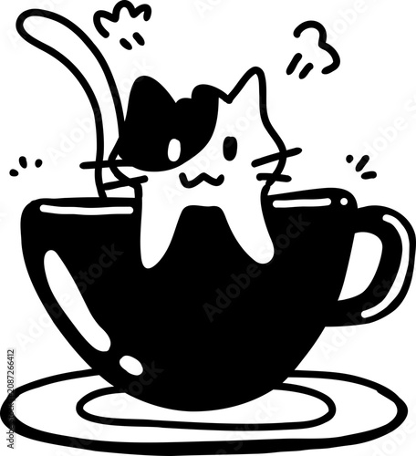 Bild auf Leinwand Hand Drawn Cat in Coffee Cup Outline Icon