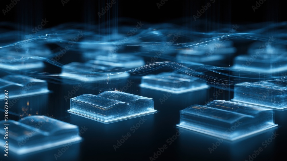Fototapeta premium Glowing blue digital books representing knowledge and education technology