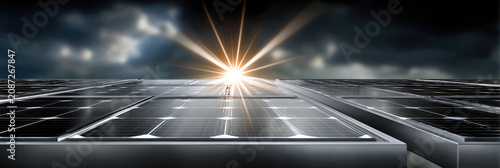 Solar panels generating clean energy on a modern city rooftop, illuminating urban sustainable living and green technology at sunset, providing renewable power for buildings
