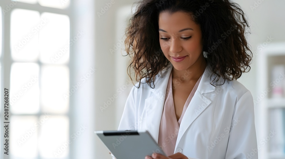 Obraz premium A person in a white coat holds a tablet while looking down at its screen inside a bright room