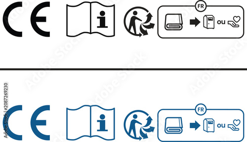 фотографія CE mark read instructions before use icon set with Triman France recycling label