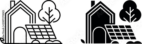Eco friendly smart home icons with solar panel and tree line and silhouette vector illustration isolated on white background