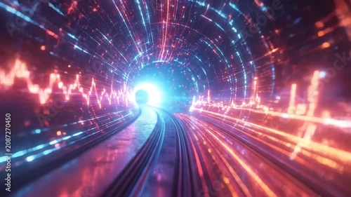 Futuristic Data Stream Tunnel with Dynamic Light Trails and Digital Waves.