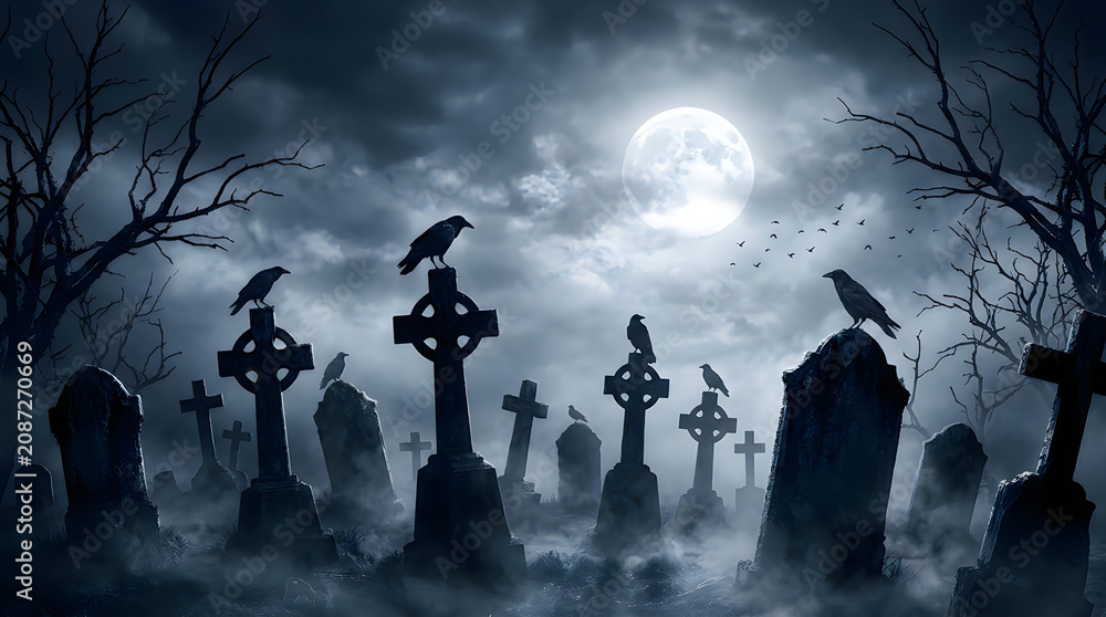 Naklejka premium Spooky graveyard, moonlit night, eerie landscape, dark cemetery Halloween