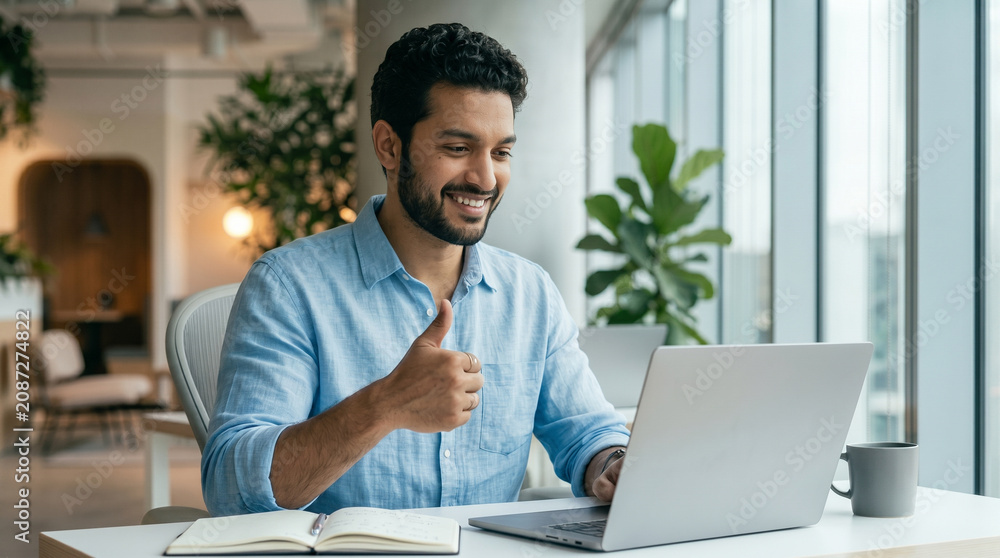 Fototapeta premium Indian Professional Businessman Giving Thumbs Up While Working on Laptop.