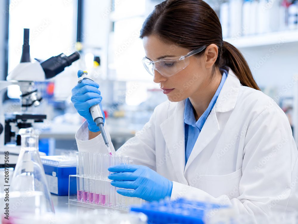 Fototapeta premium Female scientist pipetting samples in modern research laboratory