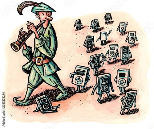 Canvastavla pied piper with ipods or telephones following him