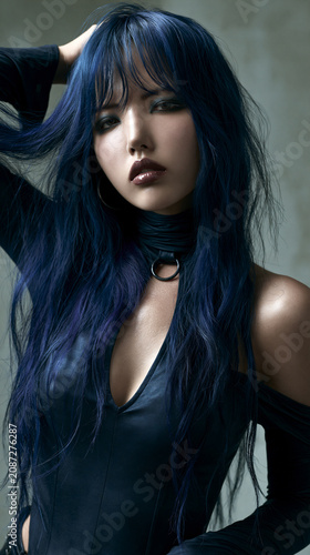 beautiful japanese rock vocalist with sapphire blue hair on stage, confident young japanese female rock singer with vivid blue hair, rebellious asian rock performer with porcelain skin 