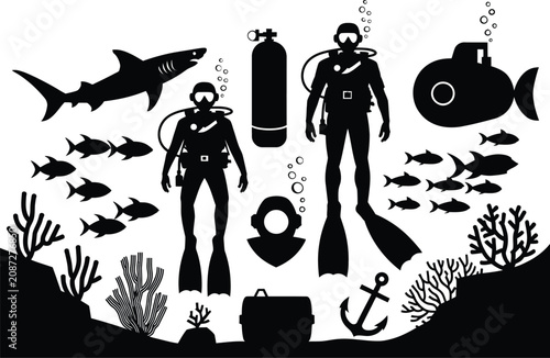 Obraz na płótnie Scuba diving icons, black silhouette underwater exploration symbols featuring divers, sharks, sea turtles, submarine, anchor, coral reefs, and marine equipment, vector designs