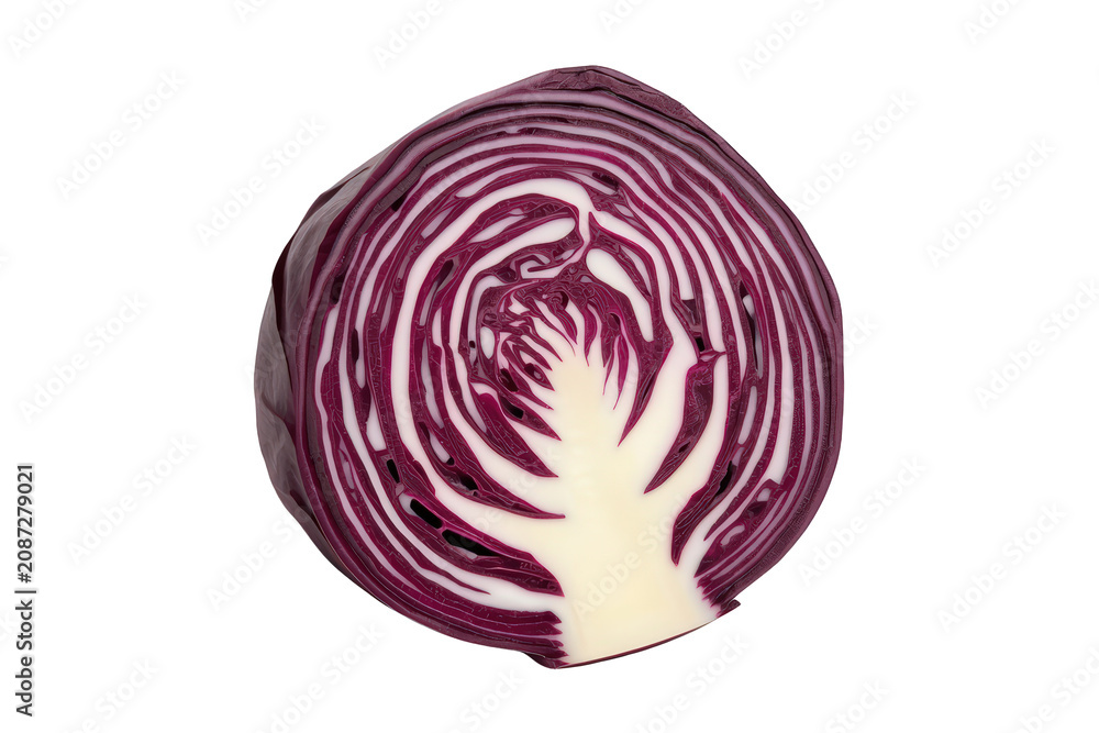 Obraz premium Red cabbage cross-section showing fresh purple vegetable texture, healthy organic food with transparent background