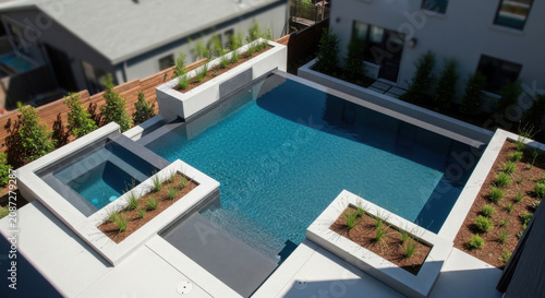 Modern Geometric Luxury Swimming Pool With Integrated Hot Tub And Planters