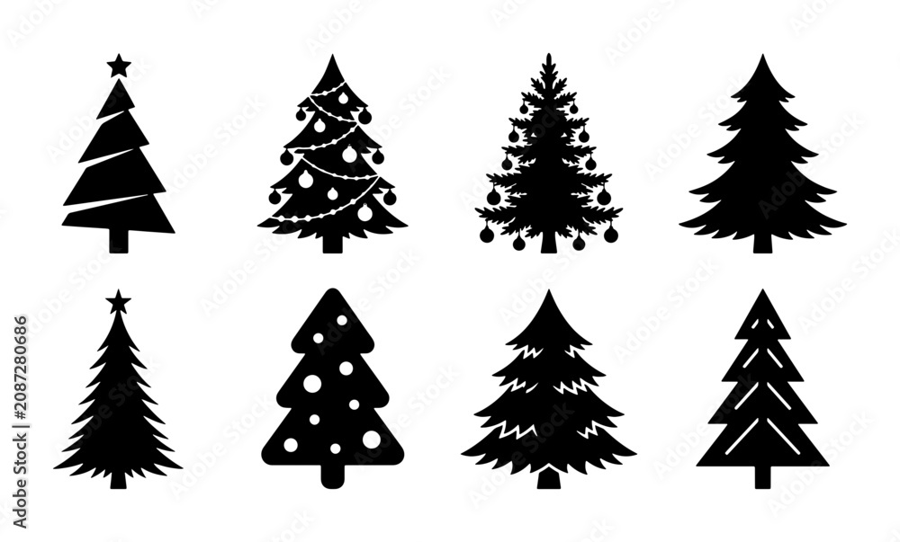 Obraz premium Christmas Tree Icons Set, Festive Evergreen Vector Graphics, Winter Holiday Celebration Elements