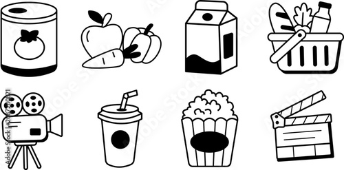 Foto Collection of food and cinema illustrations featuring canned food, fruits, milk,