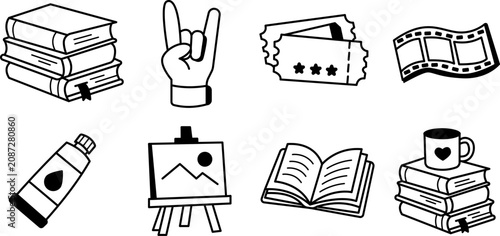 Foto Collection of education and art illustrations featuring books, paint tube, easel