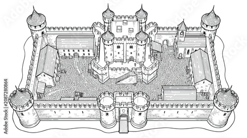 Medieval Castle Fortress Line Art Illustration for Coloring