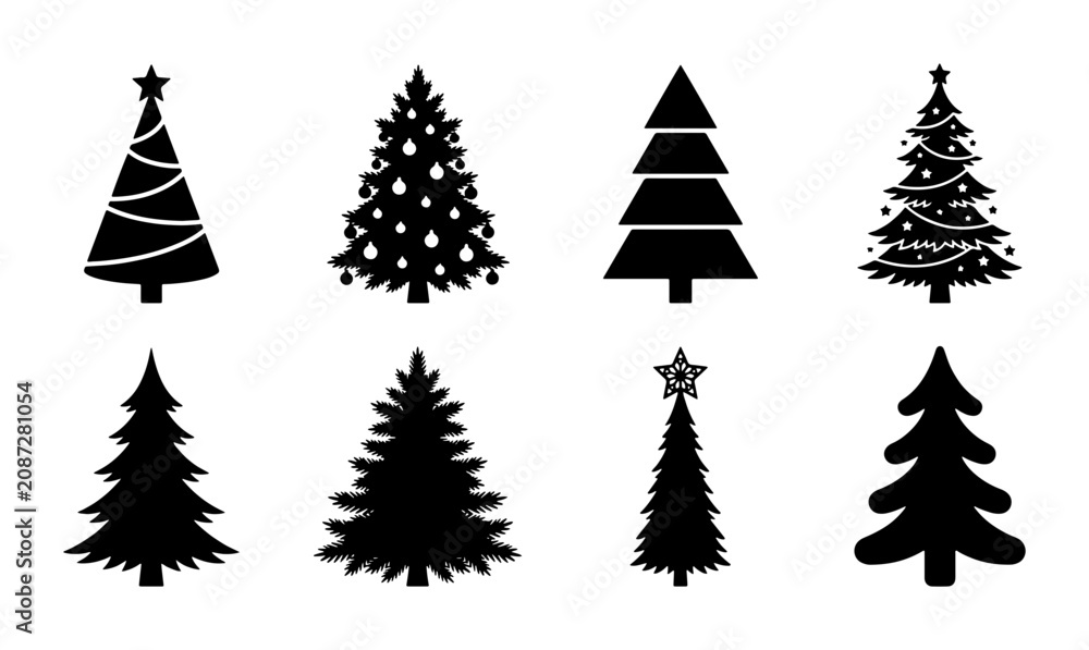 Obraz premium Christmas Tree Icons Set, Festive Holiday Vector Graphics, Winter Celebration Silhouettes