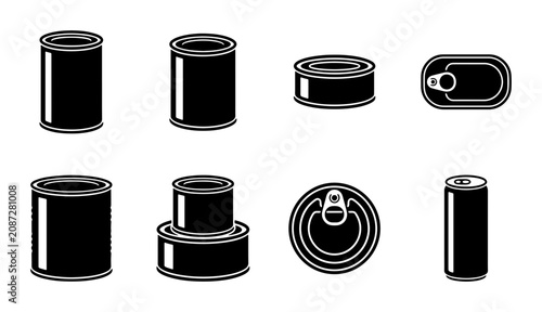 Canned Food Icons, Metal Tin Containers, Preserved Goods Packaging, Vector Graphics Set