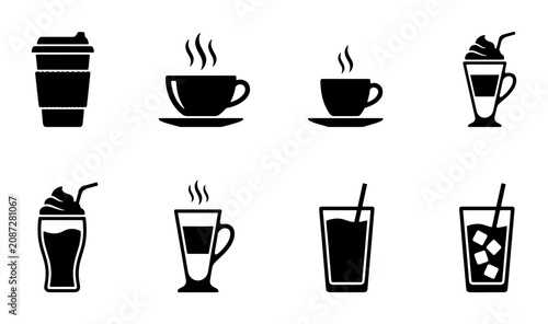 Fotografía Coffee and Drink Icons Set: Hot Beverages, Cold Drinks, Takeaway Cups, Vector Gr