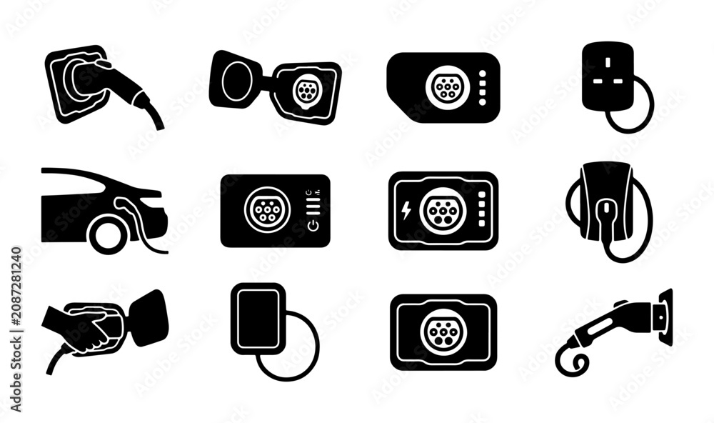 Fototapeta premium Electric Vehicle Charging Icons, EV Charger Symbols, Power Connectors, Energy Stations, Clean Transport