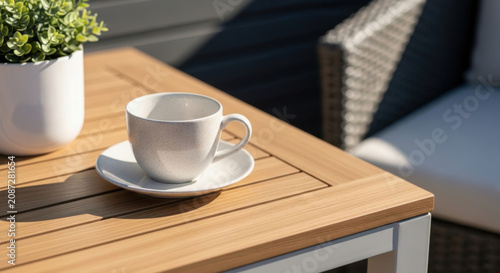 Casual Outdoor Coffee Cup On A Modern Wooden Table Setting