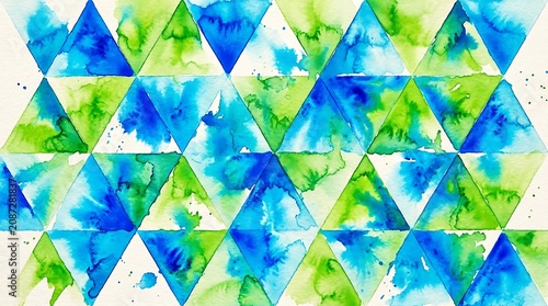 Abstract watercolor painting featuring blue and green geometric triangles