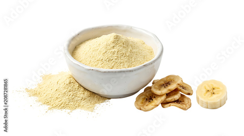 Bowl of banana flour with dried slices
