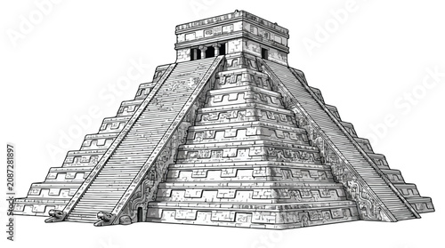 Ancient Mayan Pyramid Chichen Itza Temple Engraving Style
