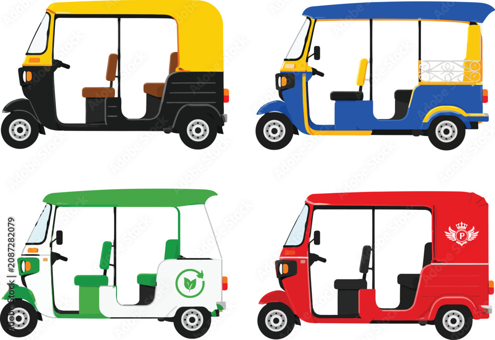 Fototapeta premium Colorful flat vector illustration collection showing four different side view urban rickshaw taxi transport vehicles
