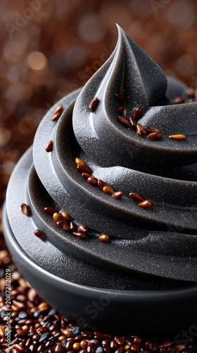Black sesame soft serve ice cream presenting a rich, nutty goma flavor, a unique dessert experience with minimalist aesthetics and an inviting presentation