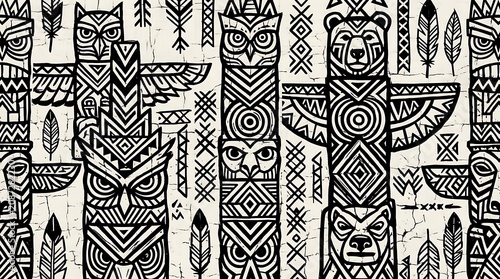 Black and white tribal totem pole seamless pattern background