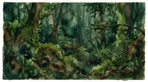 Deep forest watercolor painting with subtle gold leaf accents