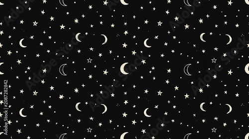 Seamless Pattern with Hand Drawn Moons and Stars Design