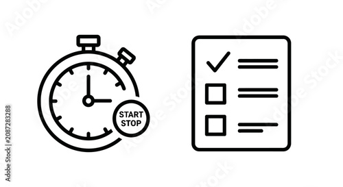 Stopwatch timer and task list checklist icons set with stopwatch checklist schedule planning management deadline productivity efficiency