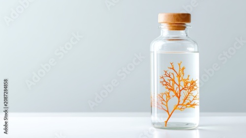 Eco minimalism, a transparent glass bottle half filled with clear water, a tiny living orange coral growing inside, pure white background, soft natural