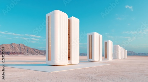 Low angle wide shot of a field of massive white monolithic atmospheric water generators, sleek geometric design with integrated solar panels