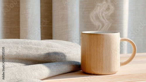 Macro shot of Scandinavian interior details, light oak wood texture, handmade ceramic mug with steam, linen fabric folds, soft diffused daylight