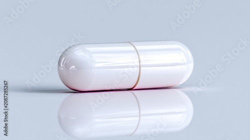 Medical minimalism, a single white pharmaceutical capsule on a white reflective surface, isolated, high contrast, symbol of pharmacy and precision