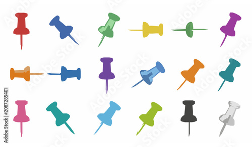 Obraz na płótnie Realistic Colorful Push Pin Icon Set Featuring Transparent Thumbtacks, Office Bu