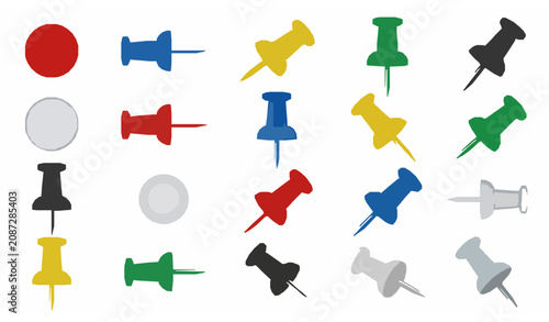 Tableau sur toile Realistic Colorful Push Pin and Thumbtack Icon Set Featuring Office Pins, Bullet