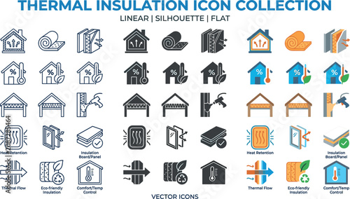 Thermal Insulation Icon Collection in Linear Silhouette and Flat Styles with House Heating Temperature Control and Eco Friendly Materials for Construction Infographics