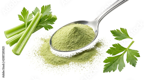 Celery powder in a silver metal spoon